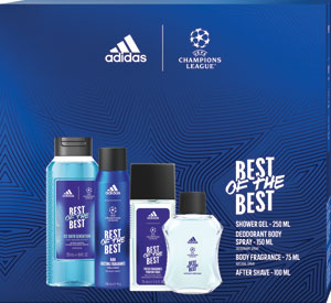 Adidas darčeková sada UEFA 9 sprchový gél 250 ml, deodorant body spray 150 ml, body fragrance 75 ml, voda po holení 100 ml