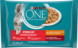 Purina ONE Sterilcat minifiletky s kuracím mäsom a zelenými fazuľkami, s hovädzím mäsom a mrkvou v šťave