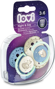 LOVI dynamický utišujúci cumlík 3-6m Night & Day chlapec 2 ks