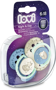 LOVI dynamický utišujúci cumlík 6-18m Night & Day chlapec 2 ks 