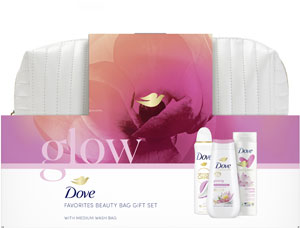 Dove darčeková sada Glowing sprchovací gél 225 ml, telové mlieko 250 ml, antiperspirant 150 ml, kozmetická taška