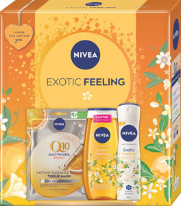 Nivea darčeková sada BOX EXOTIC FEELING LE 2024 energizujúca textilná maska Q10, sprchovací gél Exotic Feeling 250 ml, antiperspirant Exotic 150 ml