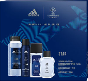 Adidas darčeková sada UEFA 10 Star sprchový gél 250 ml, deodorant 150 ml, deodorant natural sprej 75 ml, voda po holení 100 ml